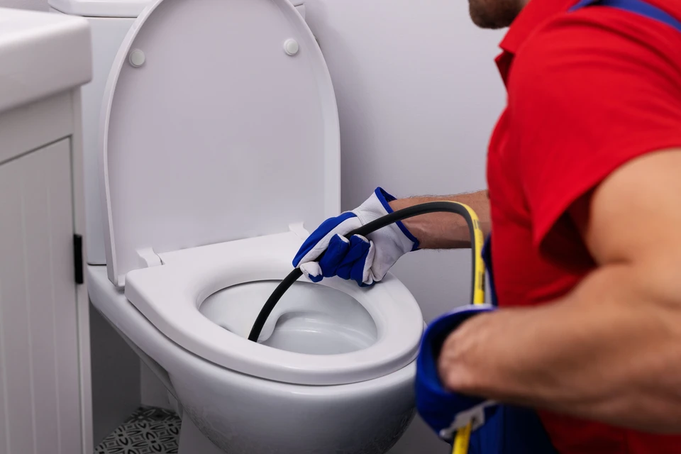 Technicien en combinaison rouge effectue débouchage canalisation dans toilettes résidentielles avec furet électrique professionnel
