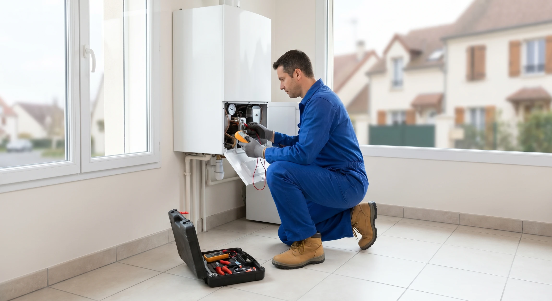 Photographie d'un technicien chauffagiste qualifié en tenue professionnelle effectuant une intervention de dépannage sur une chaudière murale dans un intérieur résidentiel. Le technicien porte des vêtements de travail professionnels et utilise des outils adaptés. La scène doit transmettre professionnalisme, expertise et confiance. Prise de vue de qualité professionnelle.