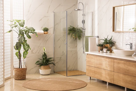 Salle de bain adaptée avec lavabo suspendu blanc équipé de barres d'appui en acier inoxydable