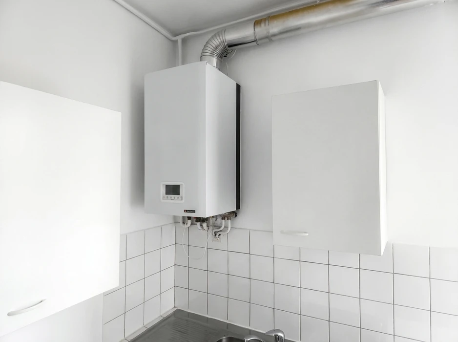 Installation de plomberie moderne avec réseau de canalisations en cuivre fixées au mur